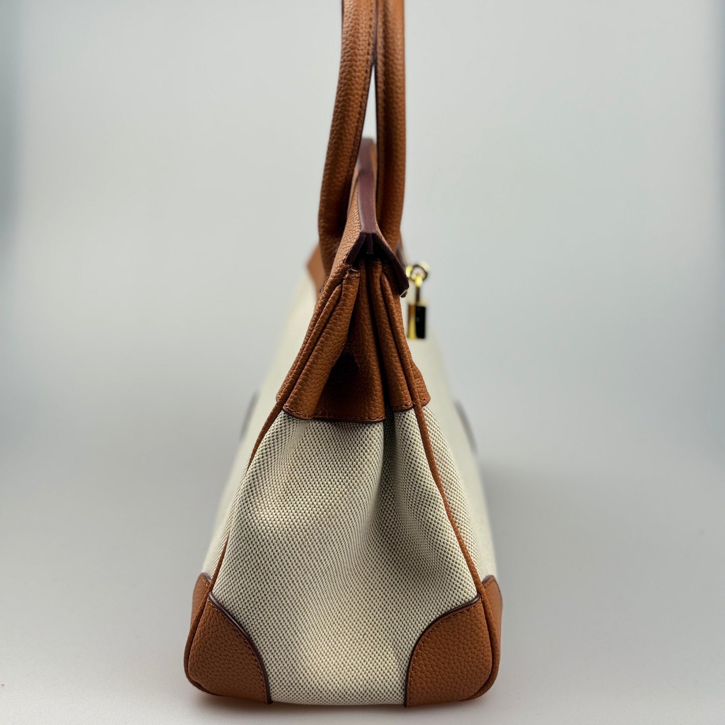 Mala Estilo Birkin em Tela e Pele Genuína – Luxo Estruturado com Fecho Elegante