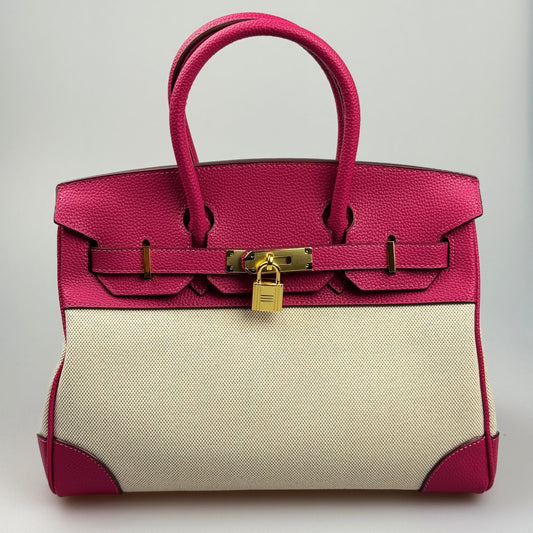 Mala Estilo Birkin em Tela e Pele Genuína – Luxo Estruturado com Fecho Elegante