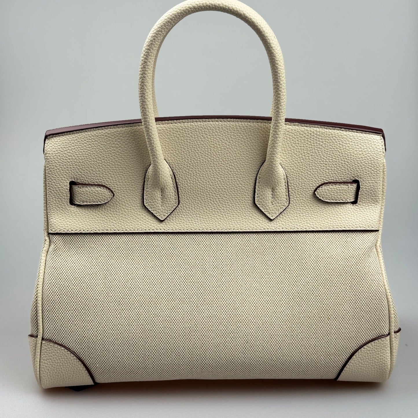 Mala Estilo Birkin em Tela e Pele Genuína – Luxo Estruturado com Fecho Elegante
