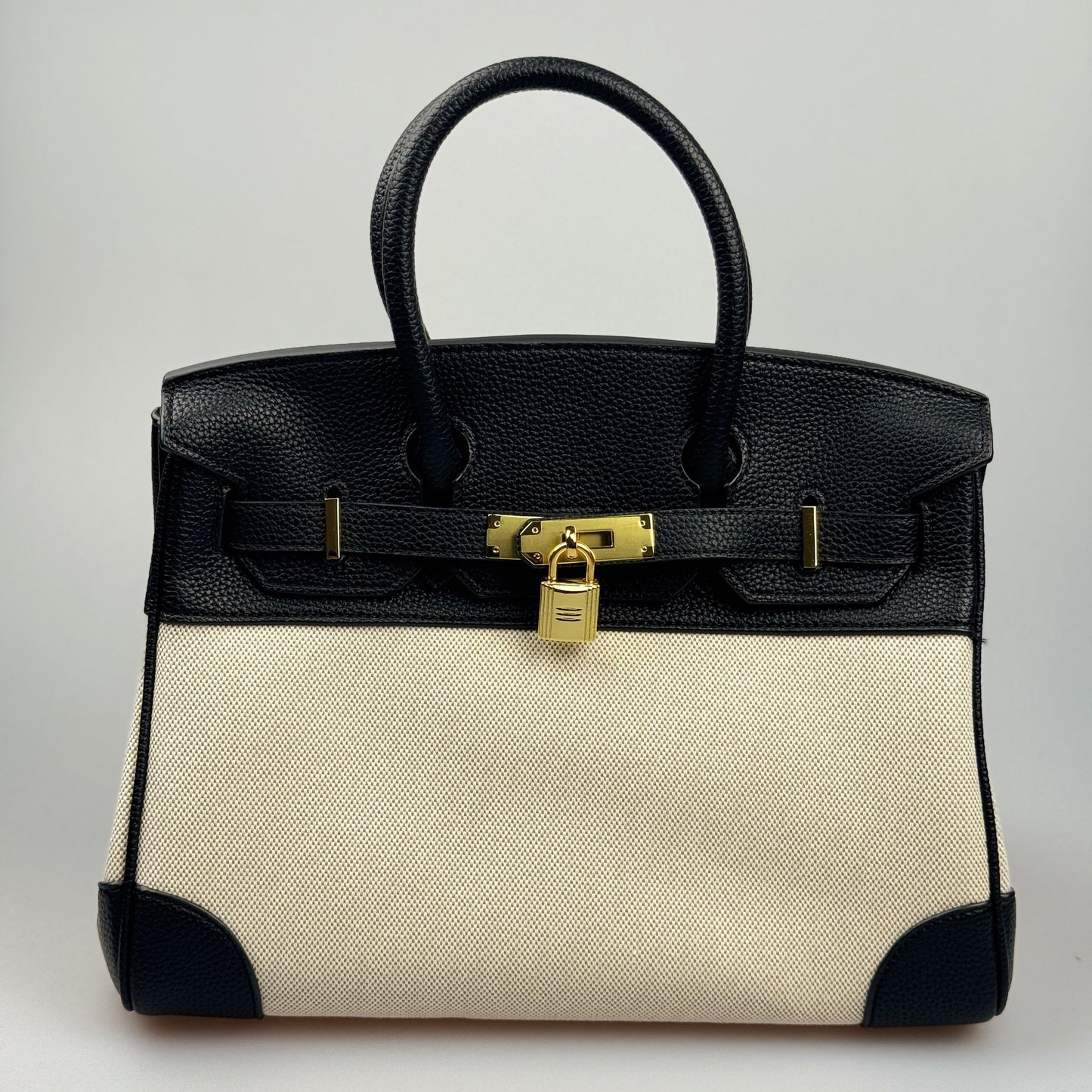 Mala Estilo Birkin em Tela e Pele Genuína – Luxo Estruturado com Fecho Elegante