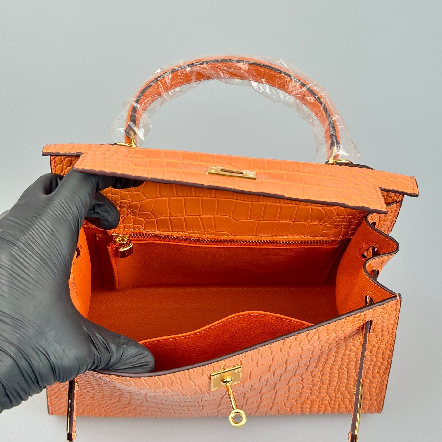 Mala estilo Kelly em pele genuína - Textura Croco
