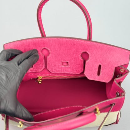 Mala Estilo Birkin em Tela e Pele Genuína – Luxo Estruturado com Fecho Elegante