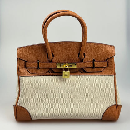 Mala Estilo Birkin em Tela e Pele Genuína – Luxo Estruturado com Fecho Elegante