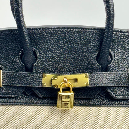Mala Estilo Birkin em Tela e Pele Genuína – Luxo Estruturado com Fecho Elegante