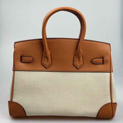 Mala Estilo Birkin em Tela e Pele Genuína – Luxo Estruturado com Fecho Elegante