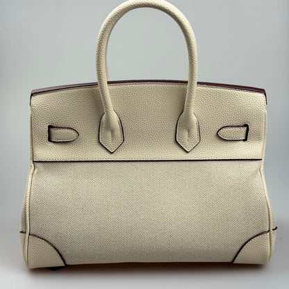 Mala Estilo Birkin em Tela e Pele Genuína – Luxo Estruturado com Fecho Elegante