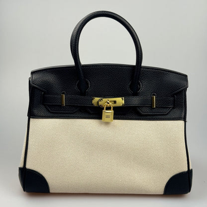 Mala Estilo Birkin em Tela e Pele Genuína – Luxo Estruturado com Fecho Elegante