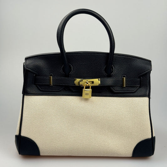 Mala Estilo Birkin em Tela e Pele Genuína – Luxo Estruturado com Fecho Elegante
